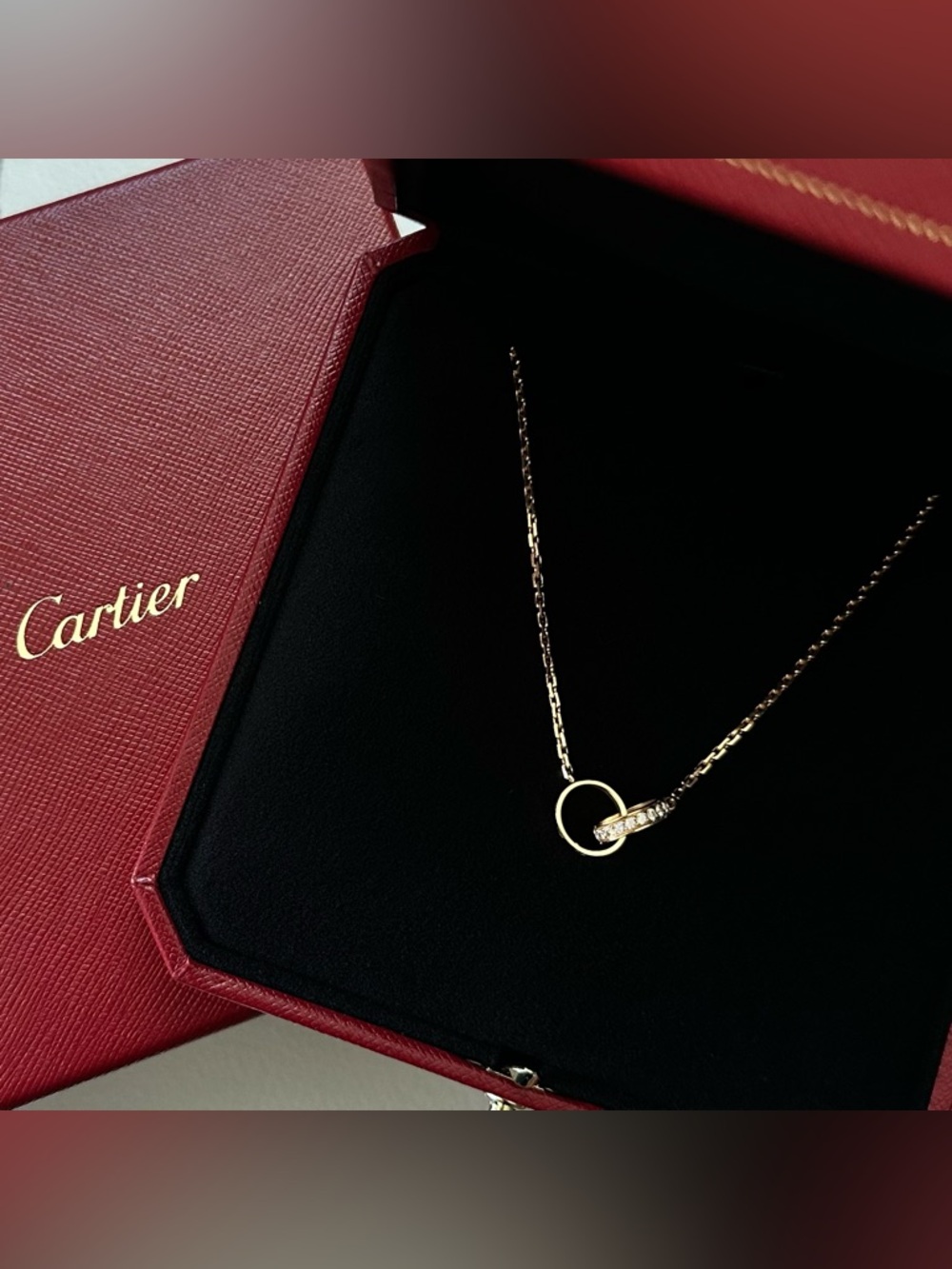 Cartier Love Pendant Necklace Half Paved Diamond 18K Rose Gold Interlocking